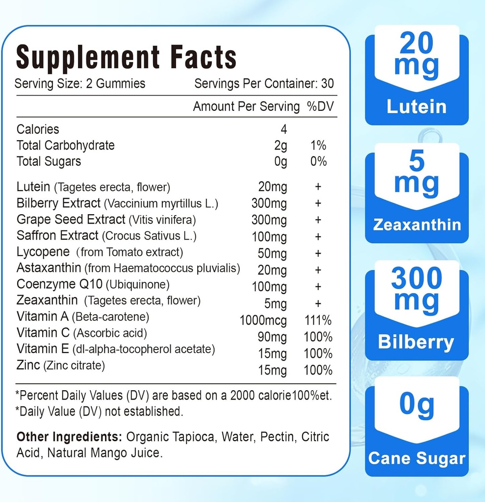 20mg Lutein & Zeaxanthin Gummies with Bilberry, Astaxanthin, Omega 3, Vitamin C, E - Sugar Free Eye Health Supplement for Adults & Kids - Dry Eye Relief, Vision Clarity, Macular Support 6