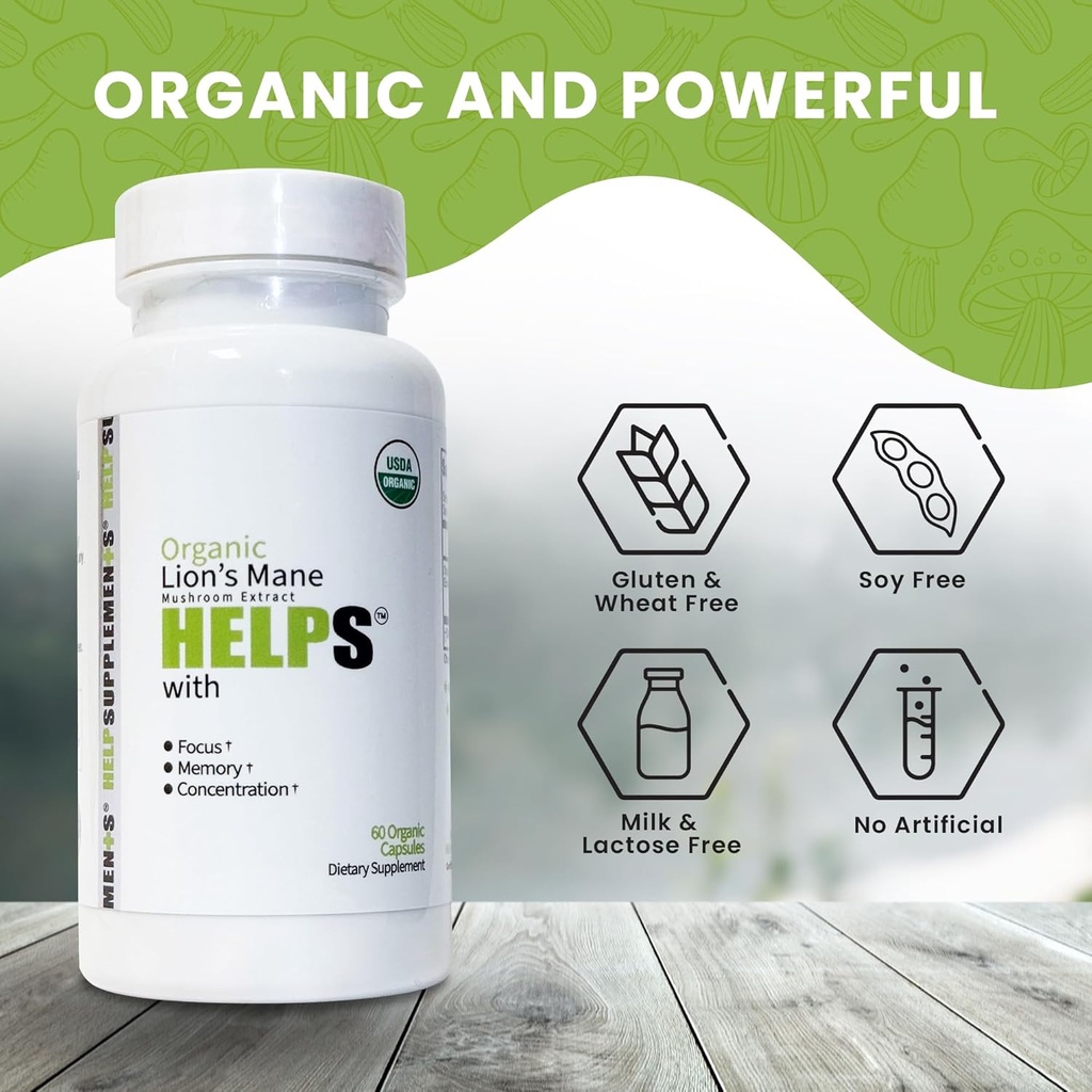 Organic Lion's Mane Mushroom Capsules | 1000mg Lions Mane Powder Extract Supplement | Dietary Herbal Supports for Focus, Memory, Digestion & Immune Health | Gluten, Soy, Milk-Free | 60 Capsules 5