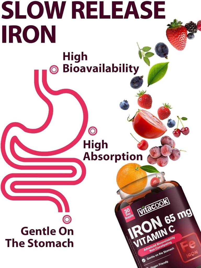 Iron Supplement for Women Men | High Potency Iron 65mg with Vitamin C 250mg | Stomach Friendly Iron Pills for Red Blood Cell & Immune Support | Vegan, Non-GMO & Gluten Free | 30 Tabs 5
