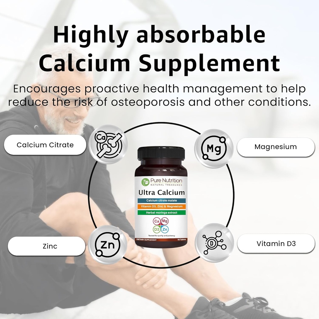 Pure Nutrition Ultra Calcium 1000mg with VIT D3 + K2 | 180 Tabs (90 X Pack of 2) | Highly absorbable Calcium Supplement with Calcium Citrate Malate, VIT D3, K2, Moringa Oleifera, Magnesium and Zinc. 6