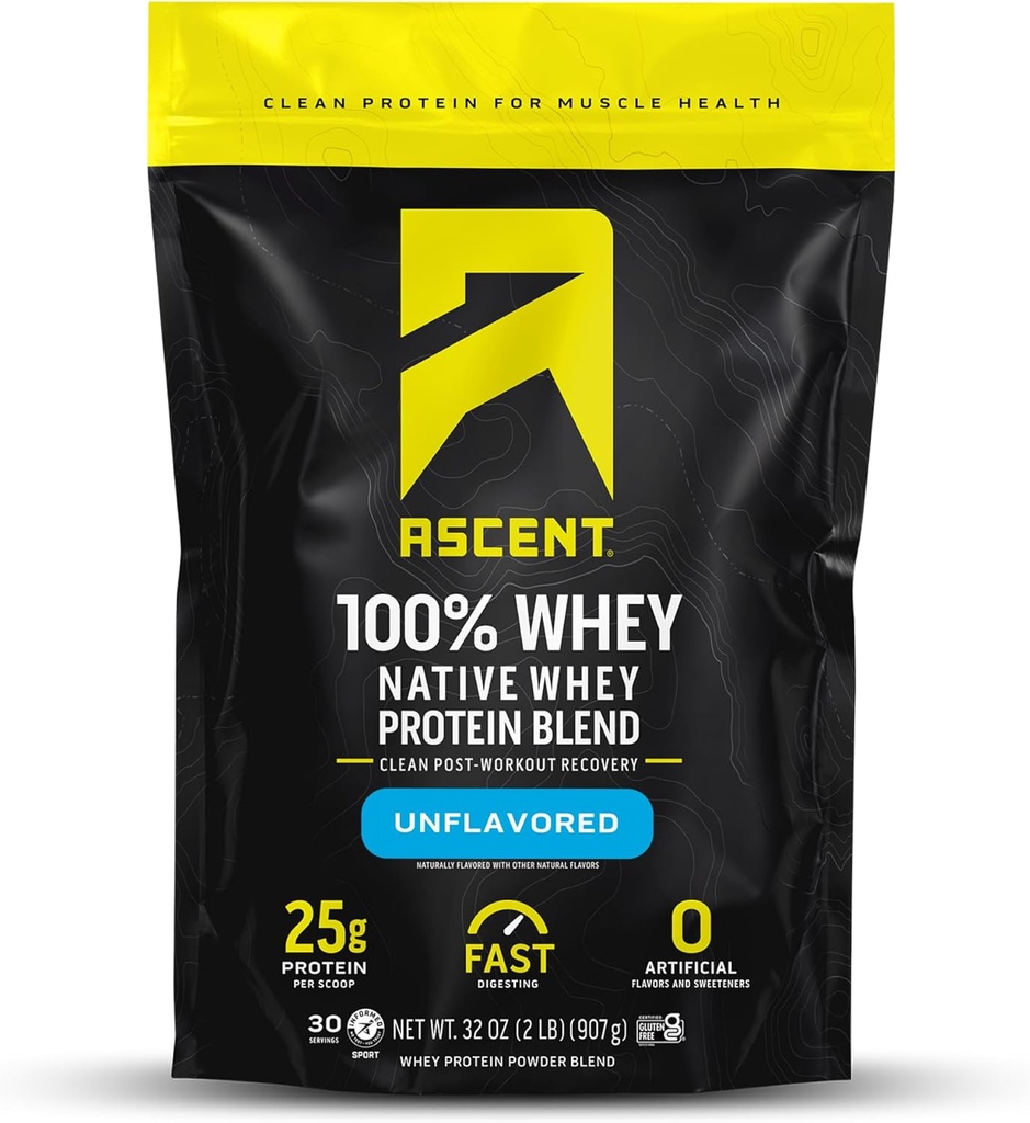 Ascent 100% Whey Protein Powder - Post Workout Whey Protein Isolate, Zero Artificial Flavors & Sweeteners, Gluten Free, 5.5g BCAA, 2.6g Leucine, Unflavored 2 lb 2