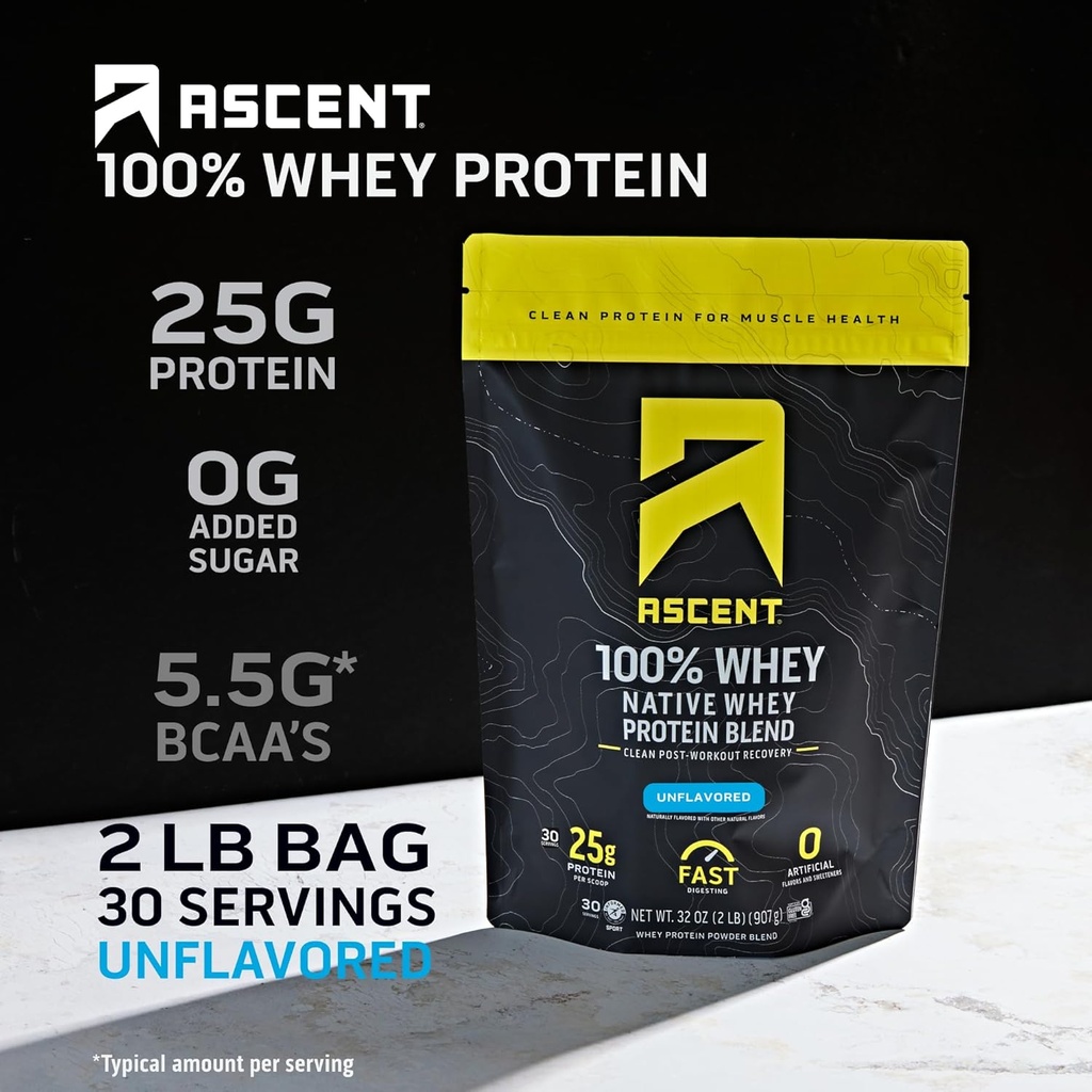 Ascent 100% Whey Protein Powder - Post Workout Whey Protein Isolate, Zero Artificial Flavors & Sweeteners, Gluten Free, 5.5g BCAA, 2.6g Leucine, Unflavored 2 lb 3