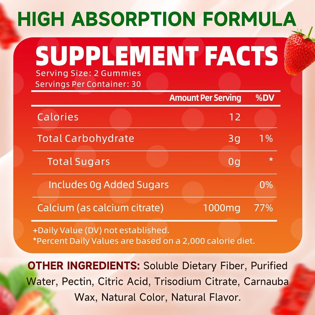 Calcium Citrate Gummies, Sugar Free Calcium Citrate 1000mg for Muscle Healthy, Absorption Calcium Supplements for Adults & Kids, Strawberry, 60 Count 3