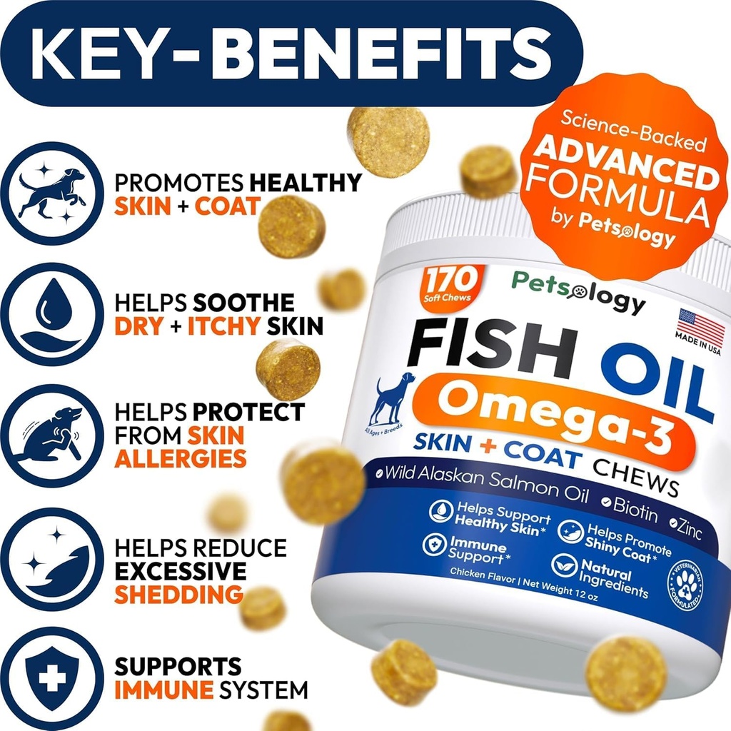 Omega 3 Fish Oil for Dogs - 170 Chews - Omega 3 for Dogs Itchy Skin & Allergy Relief - Skin & Coat Supplement - EPA & DHA Fatty Acids - Dog Anti Shedding & Hot Spot Treatment - Salmon Oil 3