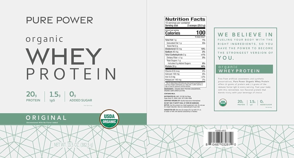 Dr. Mercola Pure Power Organic Whey Protein - 20 g Protein - Supports Muscle Growth & Energy - Grass-Fed Whey Concentrate - 15 Servings (20.60 oz) - Original 4