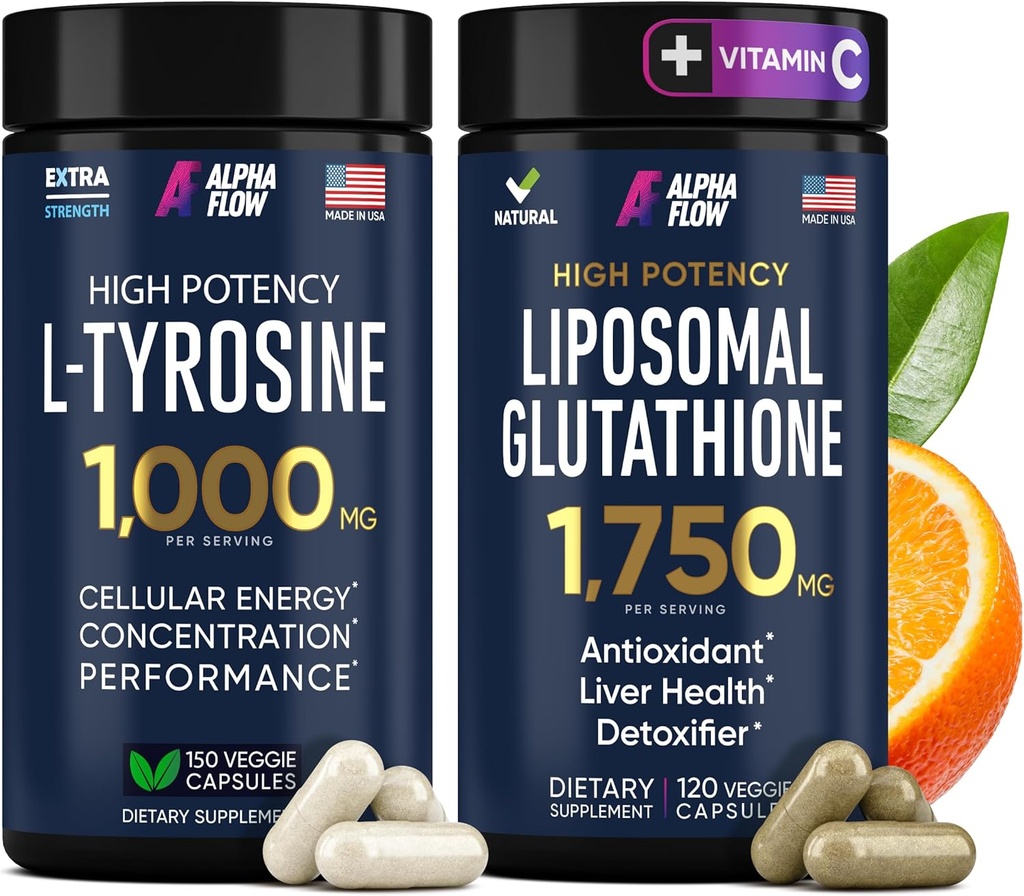 (Bundle) L Tyrosine 1000mg & Liposomal Glutathione 1750mg - All-Natural Focus, Energy, and Liver Support - Non-GMO, Gluten-Free, Vegan - 270 Capsules Total 2