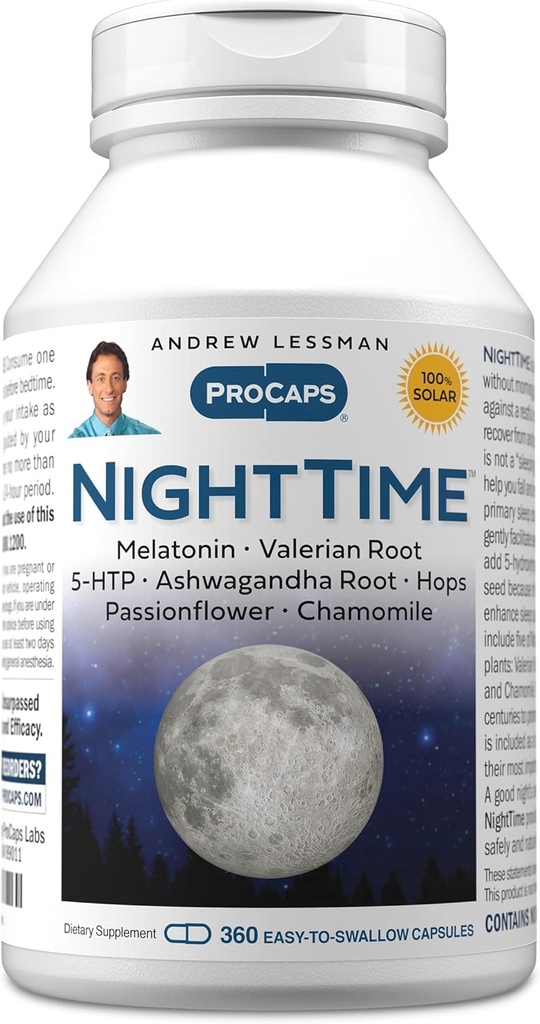 ANDREW LESSMAN Night Time 360 Capsules - 3mg Melatonin, Valerian, Ashwagandha, Passionflower, Hops, Chamomile. No Morning Grogginess. Natural Support, Gentle Restful Sleep. Easy to Swallow Capsules 2