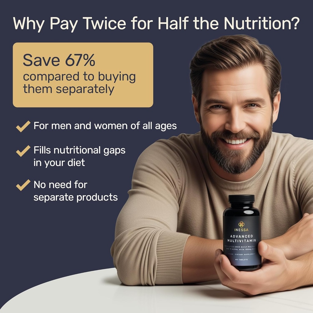 Inessa Methylated Multivitamin for Men and Women - Advanced Natural Daily Mens Multivitamins with CoQ10 100mg, Vitamins D3, K2, A, B Complex Vitamins, Folic Acid & Zinc - 60 Vegan Tablets 6