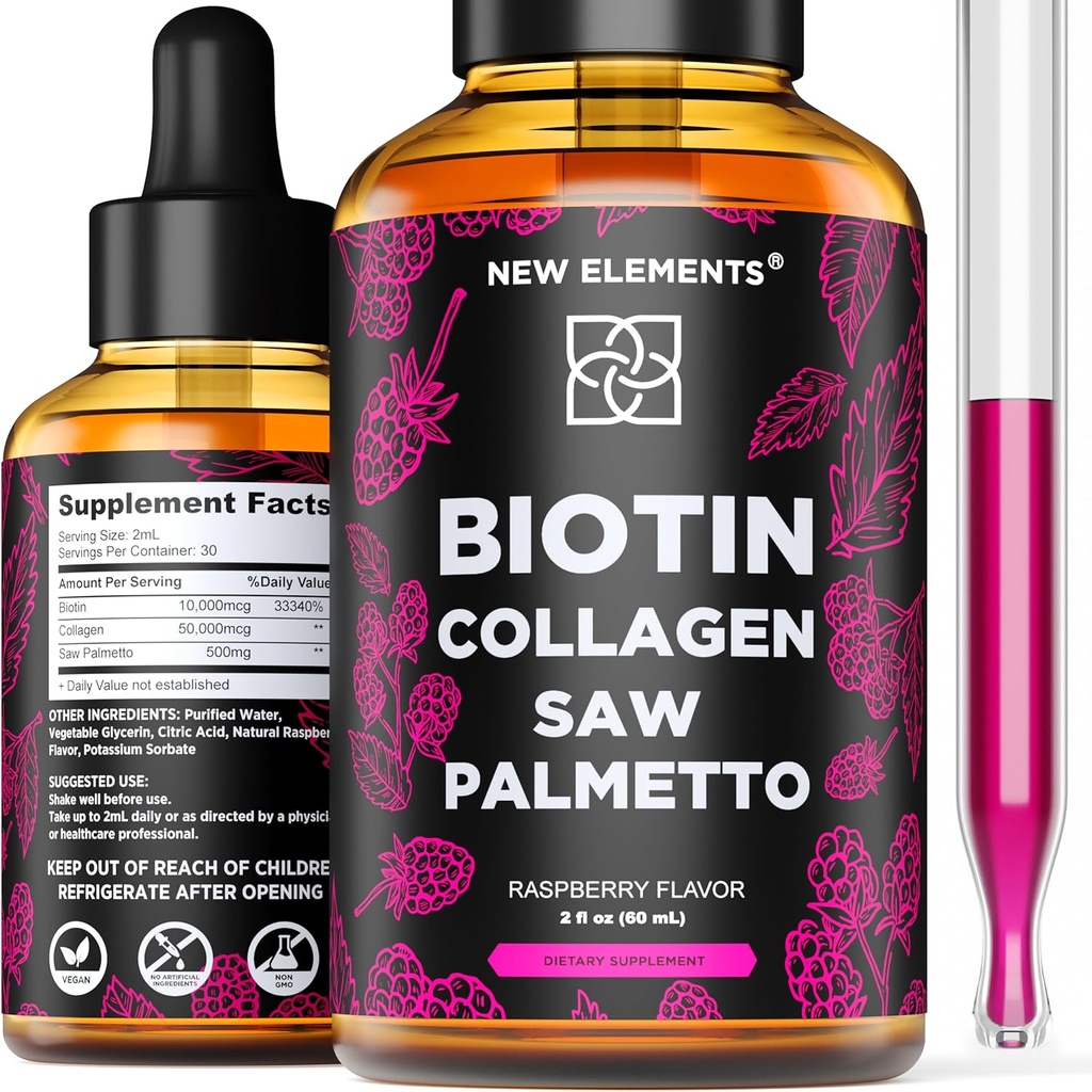 Liquid Biotin with Collagen & Saw Palmetto Extract for Women and Men | Hair Growth Supplement Drops | DHT Blocker | Prostate Support | Hair Skin and Nails Vitamins | Fast Absorption | Non-GMO 2