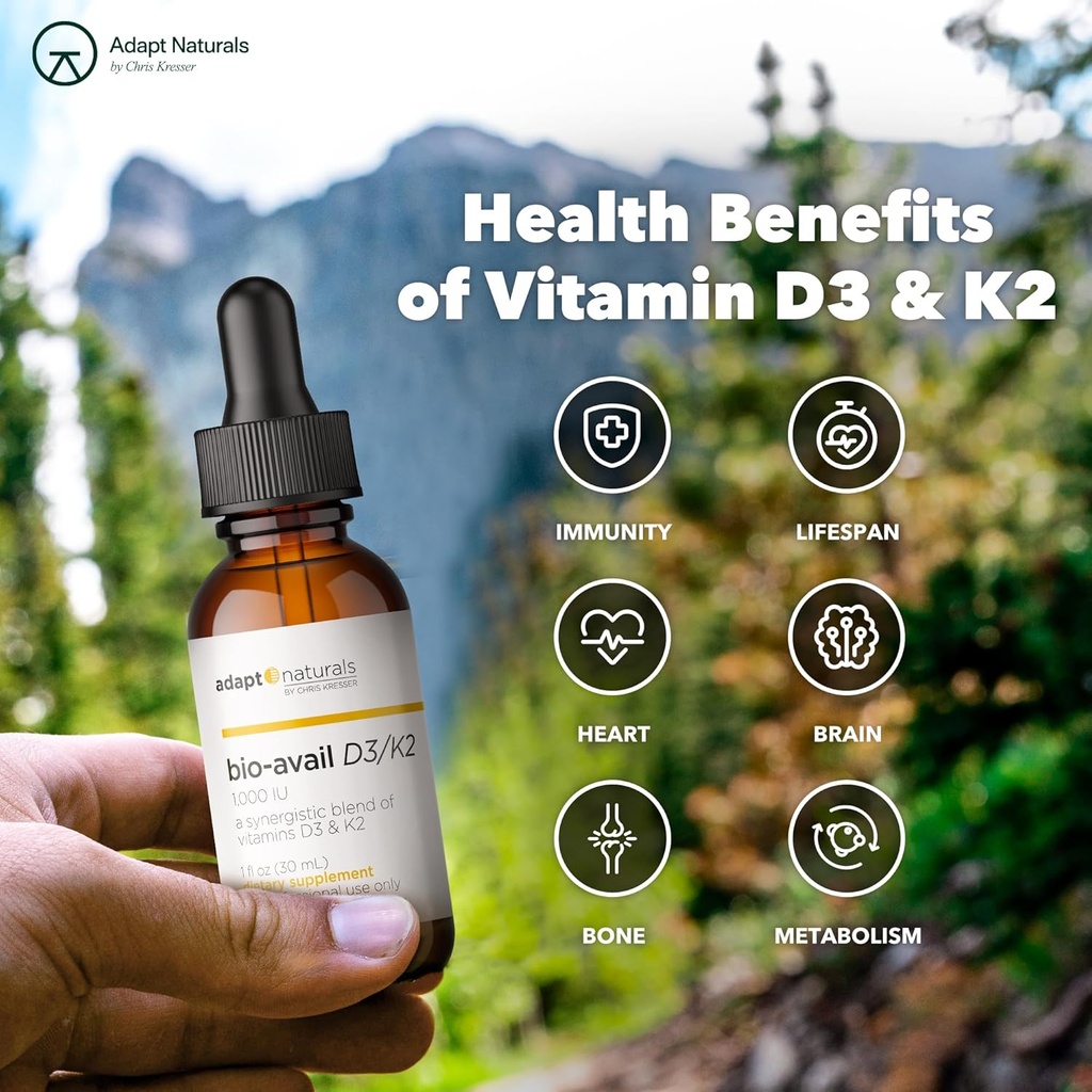 Adapt Naturals Vitamin D3 K2 1000 IU Supplement with MCT Oil, Bioavailable Highly Absorbable Liquid Formula, Overcome Vitamin D Deficiency, Support Immune & Metabolic Health - 1 FL Oz, 600 Servings 5
