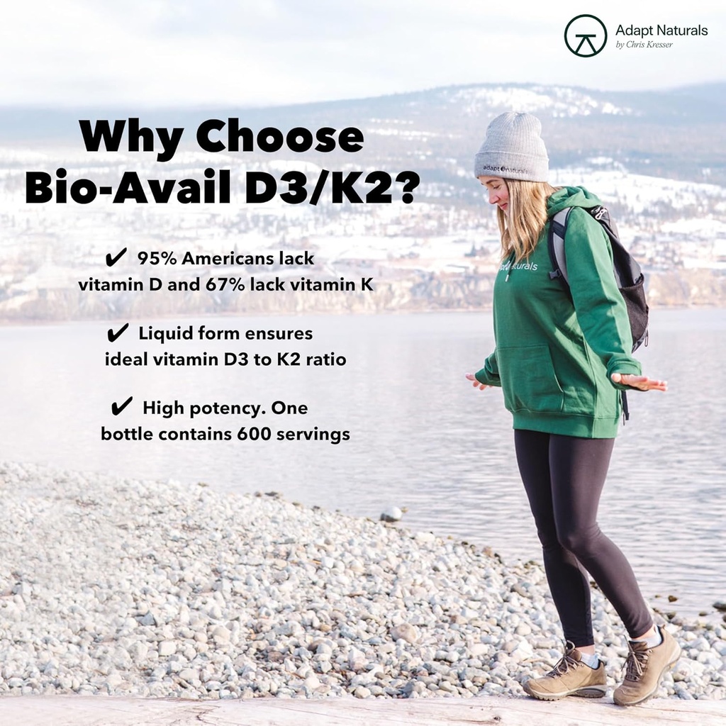 Adapt Naturals Vitamin D3 K2 1000 IU Supplement with MCT Oil, Bioavailable Highly Absorbable Liquid Formula, Overcome Vitamin D Deficiency, Support Immune & Metabolic Health - 1 FL Oz, 600 Servings 6