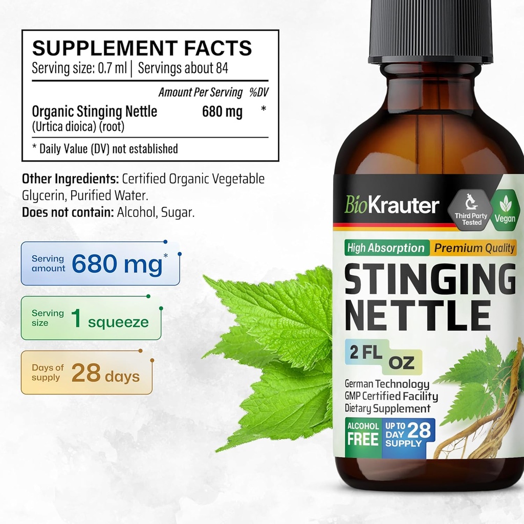 BIO KRAUTER Stinging Nettle Tincture - Nettle Root Extract Liquid - Urinary Support Supplement - Urtica Dioica Natural Extract - Vegan, Sugar & Alcohol Free Drops 2 Fl.Oz. 4
