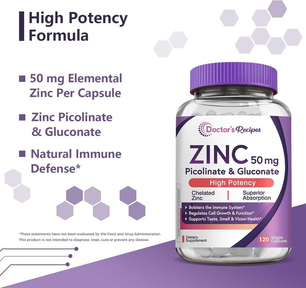 Doctor’s Recipes Zinc 50mg, Highly Absorbable Zinc Picolinate & Gluconate, Supports Natural Immune Defense, DNA & Protein Formation, Cell Growth, Non-GMO, 120 Veggie Capsules 4