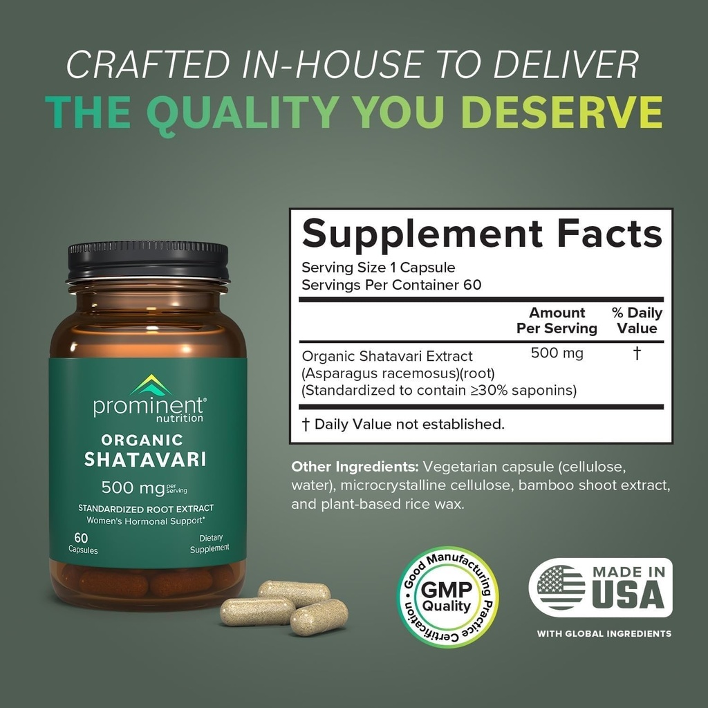 Prominent Nutrition Organic Shatavari Capsules, Hormone Support for Women, 500 mg, 60 Count, Standardized Root Extract Formulated for Women’s Health - 1 Pack 3