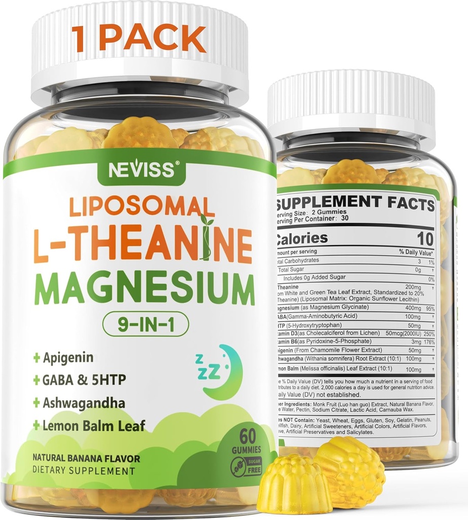 Liposomal L-Theanine 200mg Magnesium Glycinate 400mg Gummies with GABA, 5HTP, Apigenin, Vitamin B6 & D3, Ashwagandha, Lemon Balm Leaf, Melatonin Free Sleep Chewable for Relax Mood & Muscle, 2 Packs 2