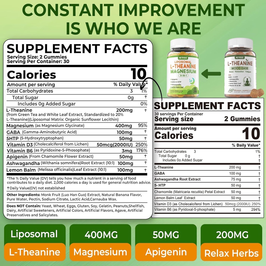 Liposomal L-Theanine 200mg Magnesium Glycinate 400mg Gummies with GABA, 5HTP, Apigenin, Vitamin B6 & D3, Ashwagandha, Lemon Balm Leaf, Melatonin Free Sleep Chewable for Relax Mood & Muscle, 2 Packs 3