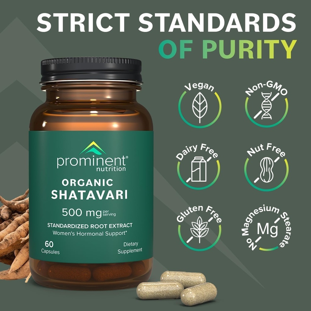 Prominent Nutrition Organic Shatavari Capsules, Hormone Support for Women, 500 mg, 60 Count, Standardized Root Extract Formulated for Women’s Health - 1 Pack 5