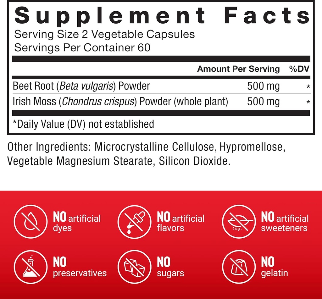 FORCE FACTOR Irish Sea Moss + Beet Root Supplement to Support Immunity, Circulation, Natural Energy, Heart Health, with Antioxidants, Non-GMO, Vegan-Friendly, Soy-Free, 120 Vegetable Capsules 6