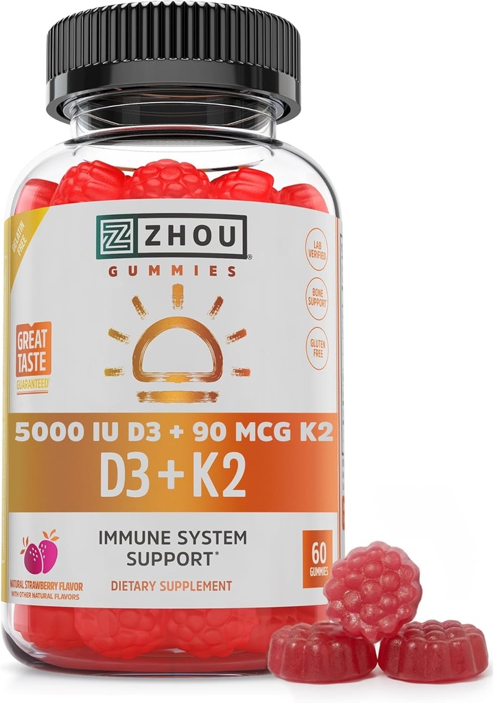Zhou D3+K2 - Vitamin D3 K2 Supplement for Women & Men, Immune Support Vit D3 and K2 Gummy, Gelatin Free Formula with 5000 IU of D3 and MK-7 - 60 Veggie Gummies (Pack of 1) 2