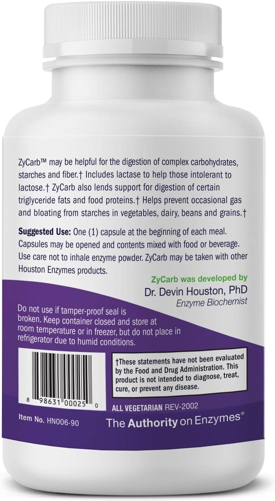 Houston Enzymes ZyCarb – 120 Capsules | Professionally Formulated to Support Digestion of Starches, Carbohydrates & Sugars | Enhanced with Lactase Enzyme for Lactose Intolerance 3