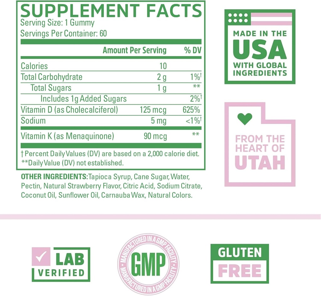 Zhou D3+K2 - Vitamin D3 K2 Supplement for Women & Men, Immune Support Vit D3 and K2 Gummy, Gelatin Free Formula with 5000 IU of D3 and MK-7 - 60 Veggie Gummies (Pack of 1) 3