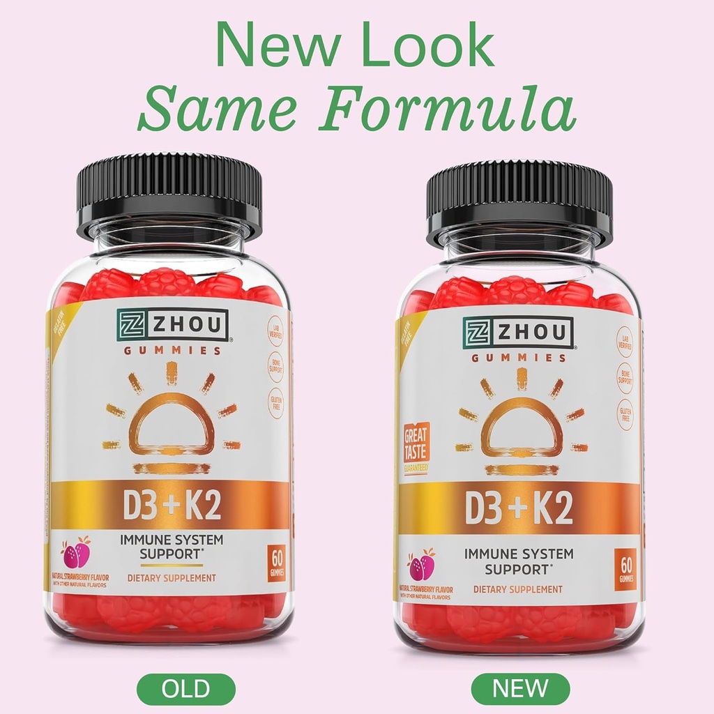 Zhou D3+K2 - Vitamin D3 K2 Supplement for Women & Men, Immune Support Vit D3 and K2 Gummy, Gelatin Free Formula with 5000 IU of D3 and MK-7 - 60 Veggie Gummies (Pack of 1) 4