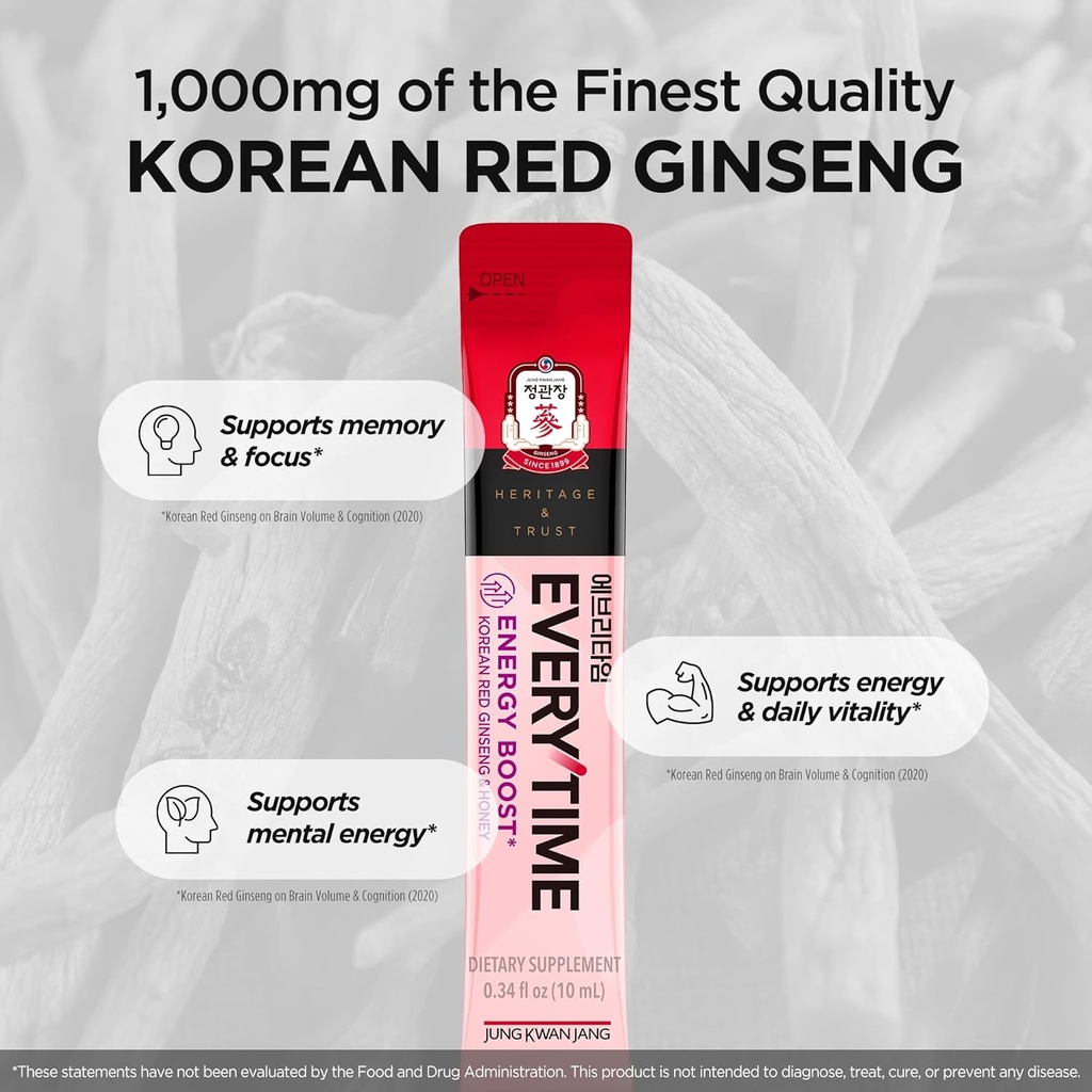 JUNG KWAN JANG Everytime Energy Boost Korean Red Ginseng Extract 1,000mg & Honey - Vegan Ginseng Energy Drink Liquid Stick Supplements - Builds Stamina & Immunity No Caffeine (10 Sticks, 0.34 fl oz) 6