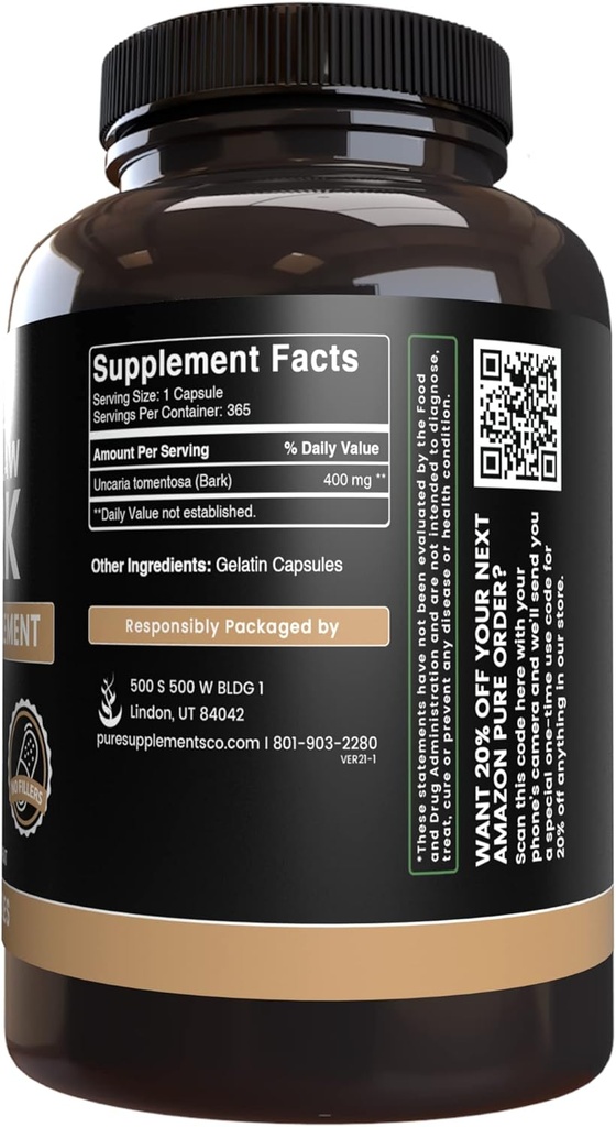 Pure Original Ingredients Cat's Claw Bark (365 Capsules) No Magnesium Or Rice Fillers, Always Pure, Lab Verified 5