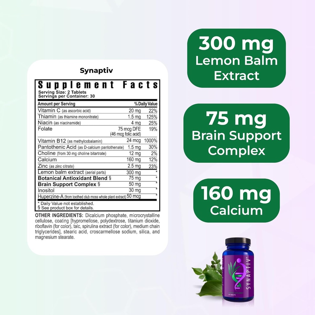 Youngevity Synaptiv™ Brain Support - 12in1 - Ginkgo, Huperzine, Bacopa, Quercetin and More - with Potent Antioxidant Blend + Vitamins - 60 Tablets (Pack of 1) 4