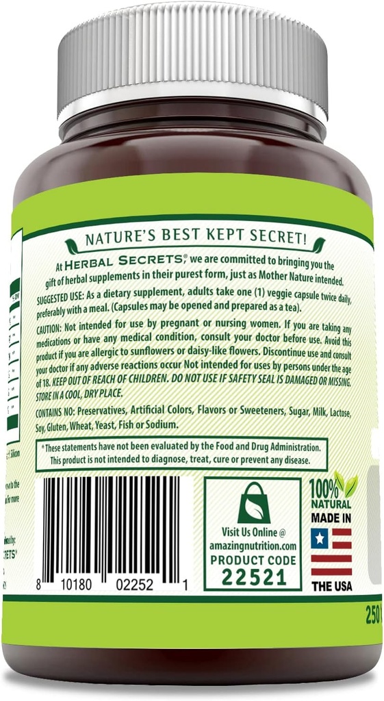 Herbal Secrets Echinacea & Goldenseal Root Supplement | 450 Mg Per Serving | 250 Veggie Capsules | Non-GMO | Gluten-Free | Made in USA (250 Veggie Capsules) 3