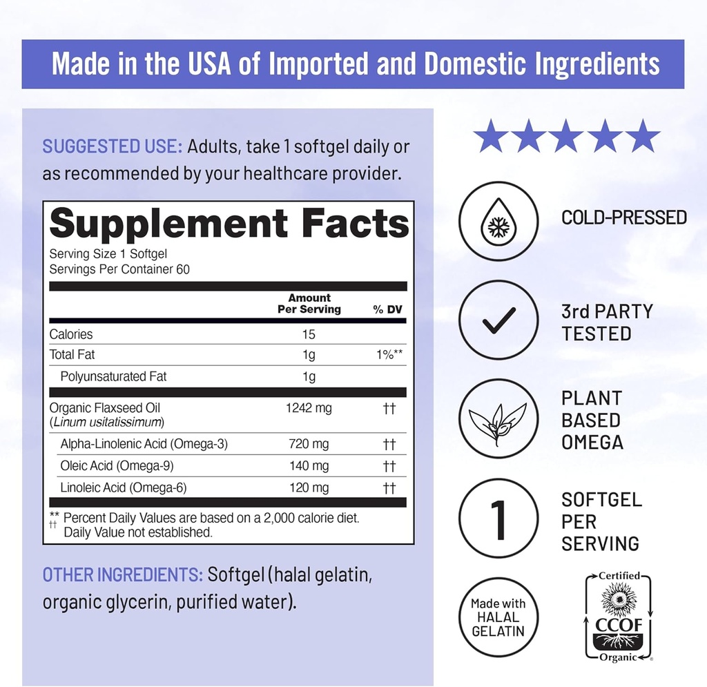 NatureWise Flaxseed Oil 1200 mg, Fish Free Omega 3 6 9 with 720mg ALA, Dietary Supplement for Heart Health Support - Organic, Cold Pressed, Non-GMO - 60 Softgels[2-Month Supply] 6
