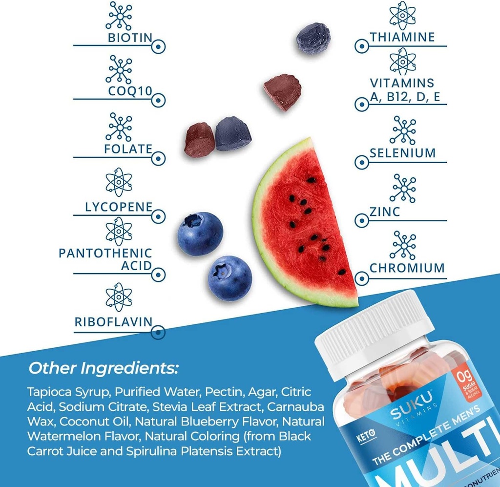 SUKU Men's Daily Multivitamin Gummies – Vitamins A, B12, C, D3, E, Zinc, CoQ10 & Lycopene – Prostate, Heart & Immune Support – Sugar-Free, Vegan, Mixed Fruit Fusion – 60 Count 6