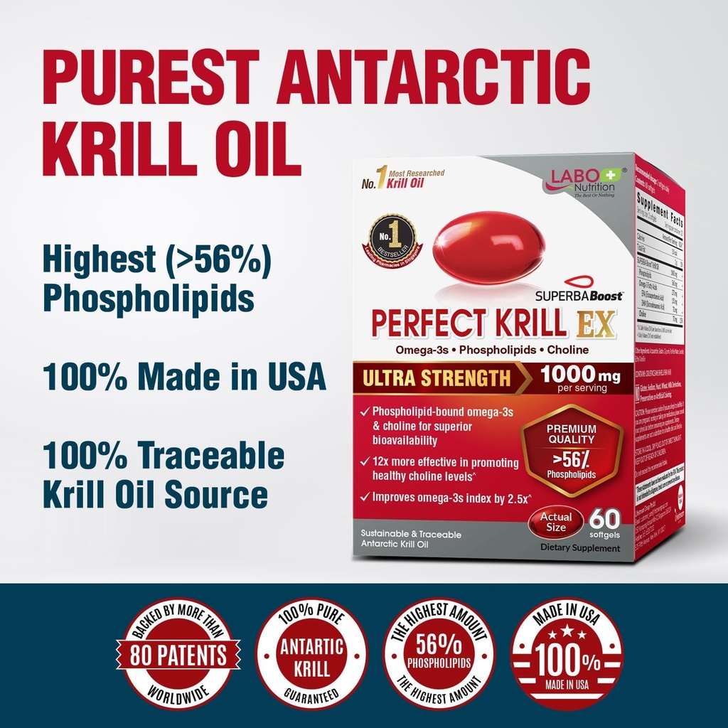 LABO Nutrition Perfect Krill EX, 1000mg Antarctic Krill Oil Omega 3 EPA DHA, Highest Phospholipids (Over 56%) with Choline, Astaxanthin | Heart Brain Eye Joint Health, Made in USA, 60 softgels 6