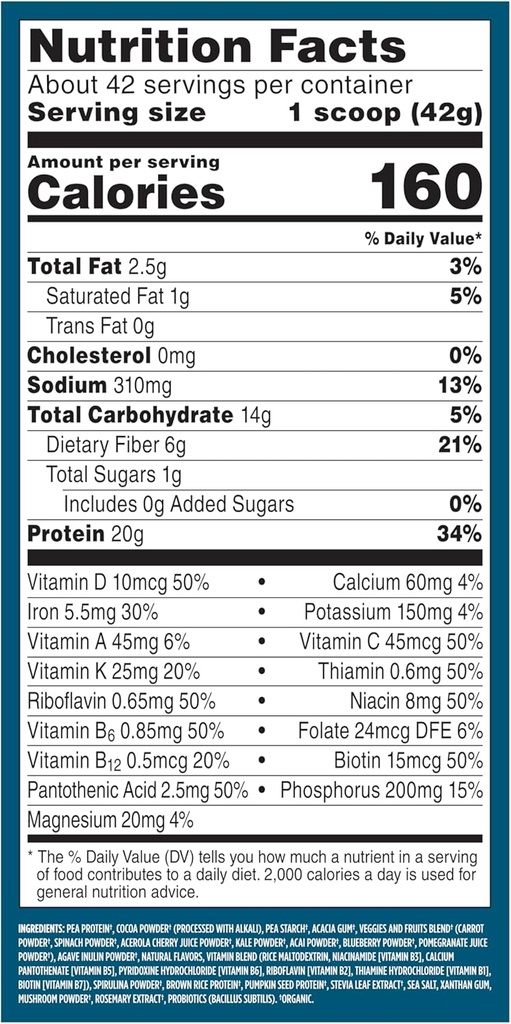Vega All in One Nutrition Organic - 20g Plant-Based Pea Protein, Chocolate, 42 Servings, Vitamins A & C, Probiotics, Greens, Vegan, Keto, Gluten Free, 61.8oz (Packaging May Vary) 5