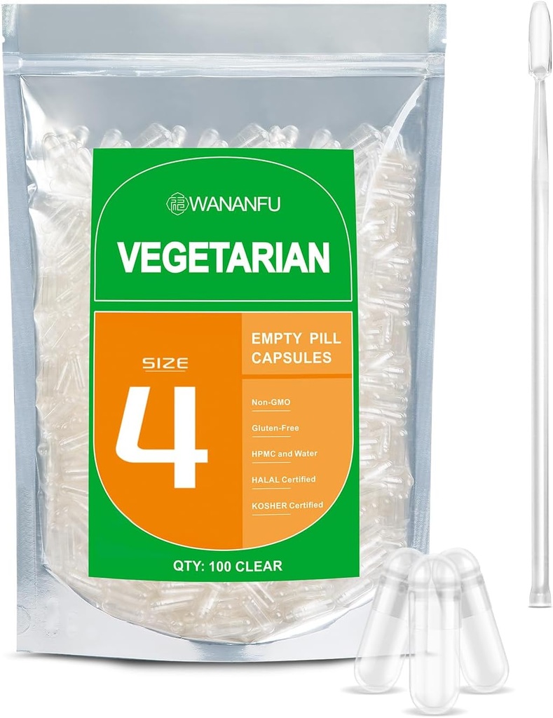 wananfu Size 4 Empty Capsules Vegetarian (100 Count) Bundle with 2 Micro Lab Spoons, Clear Fillable Veggie Pill Capsules Size 4 for Making Your Own Supplements 2