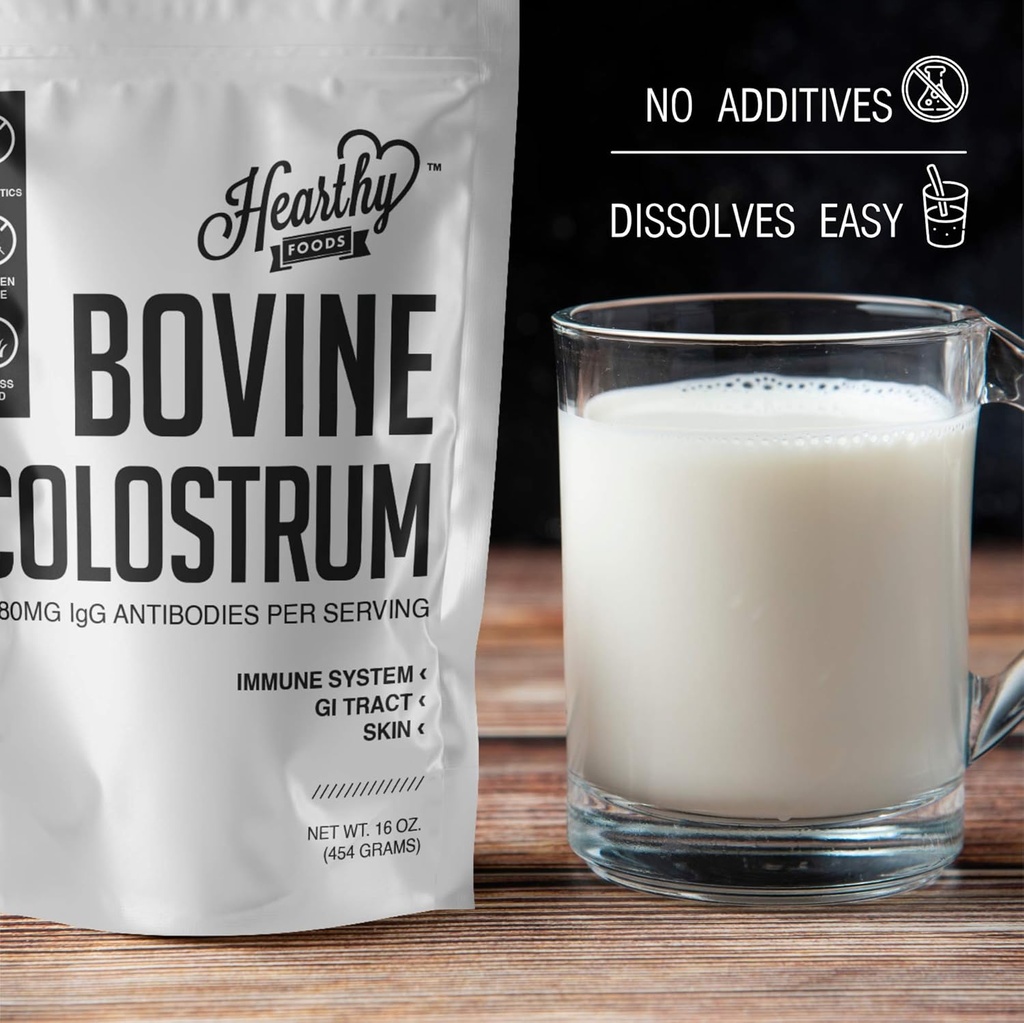 HEARTHY FOODS Bovine Colostrum Powder - Upto 30% IGG, 90 Servings, Leaky Gut Repair Supplements, Gut Health and Immune Support | Grass-Fed Halal Non GMO, Gluten Free 16Oz 454g 6