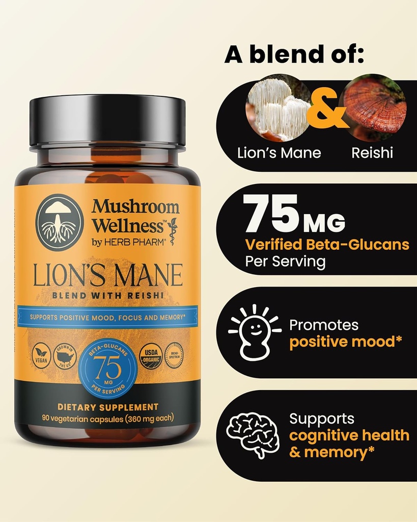 Mushroom Wellness Lion’s Mane Blend with Reishi: Organic Lion's Mane & Reishi Mushroom Capsules, Mushroom Powder Supplement, Supports Cognitive Health, Memory, and Mental Focus, 90 Vegan Capsules 3