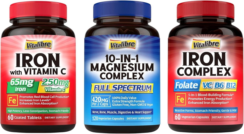 10 in 1 Magnesium Complex & Iron Supplement, 65mg Carbonyl Iron with 250mg Vitamin C & 5 in 1 Iron Complex 2
