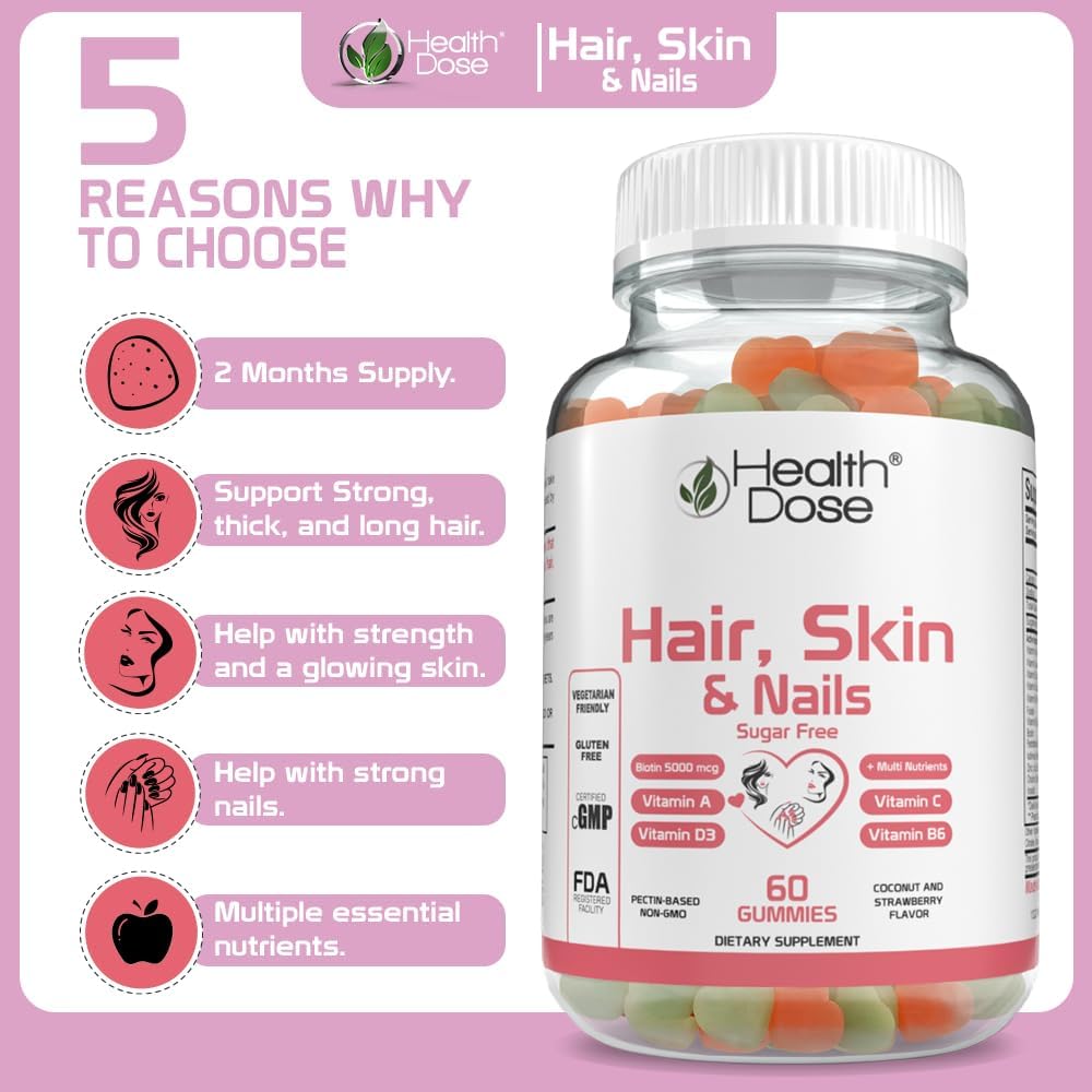 Health Dose Hair Skin Nails with Biotin 5000 mcg, Vitamin A,D3,C & B6, Gluten & Sugar Free, Coconut & Strawberry Flavor 60 Count Gummies. 5
