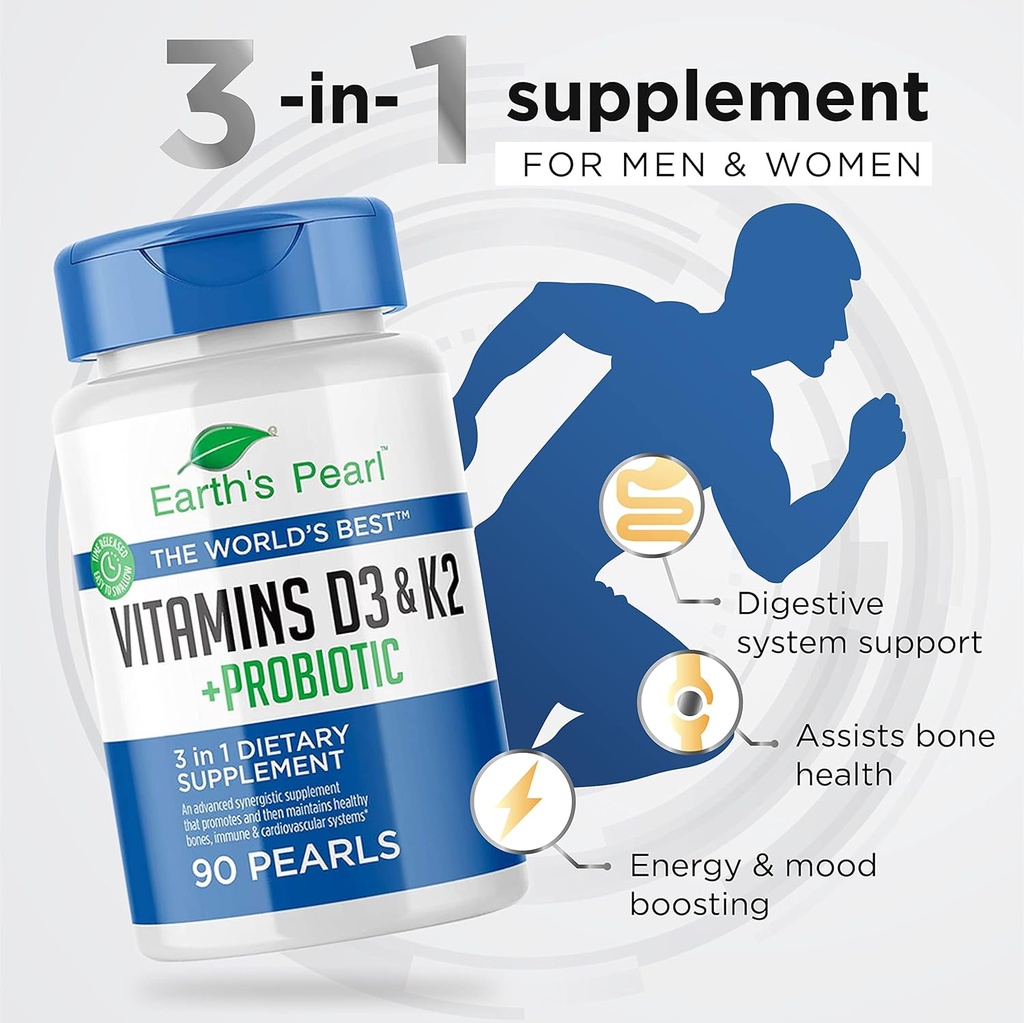 Earth's Pearl Vitamin D3 K2 5000 IU - 3-in-1 K2 D3 Vitamin Supplement with Probiotics for Women & Men, 3-Month Supply, Gut Health Supplements for Women & Men (90 CT) 3