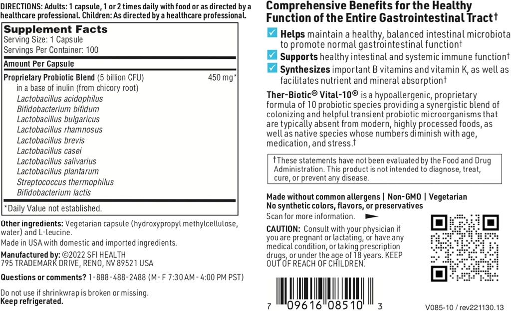 SFI Health Klaire Labs Ther-Biotic Vital 10 - Multistrain Probiotic with Lactobacillus, Bifidobacterium & More - Support Gut Health, A Balanced Microbiome & Immune Function (100 Capsules) 5