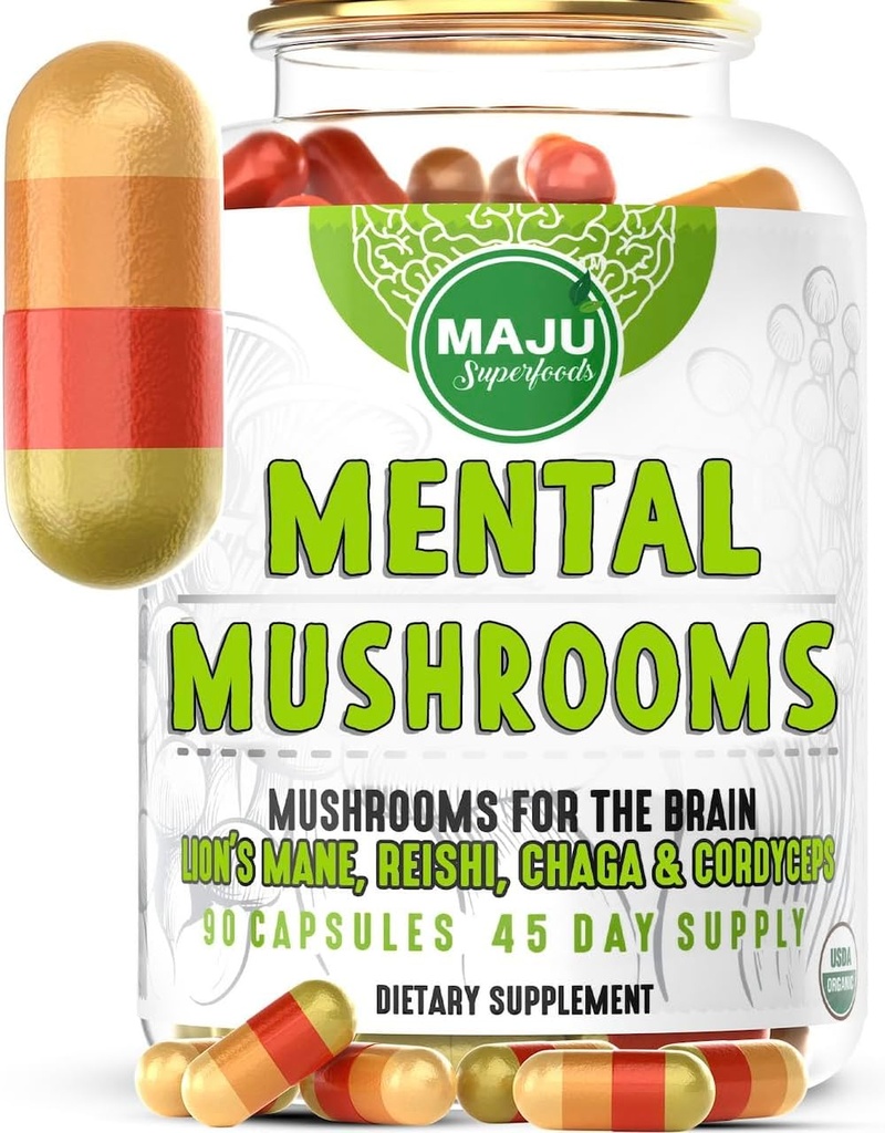 MENTAL Mushroom Capsules, Organic Extract Supplement w/ Lion's Mane, Cordyceps, Reishi and Chaga, Boost Your Focus, Energy, Wellness and Immune System - Nootropic Mushrooms, Immune Support 90ct 2