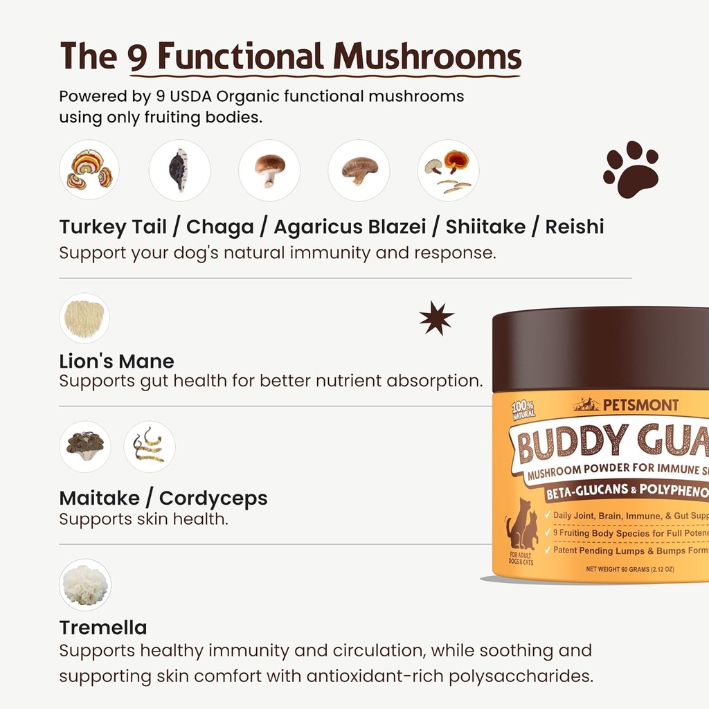Petsmont Buddy Guard for Lumps and Bumps, Lipoma for Dogs & Cats, Patent Pending Organic 8 Mushroom Powder Blend Natural Dog Probiotic & Immune Support Chaga, Reishi, Lion's Mane, Turkey Tail Mushroom 6