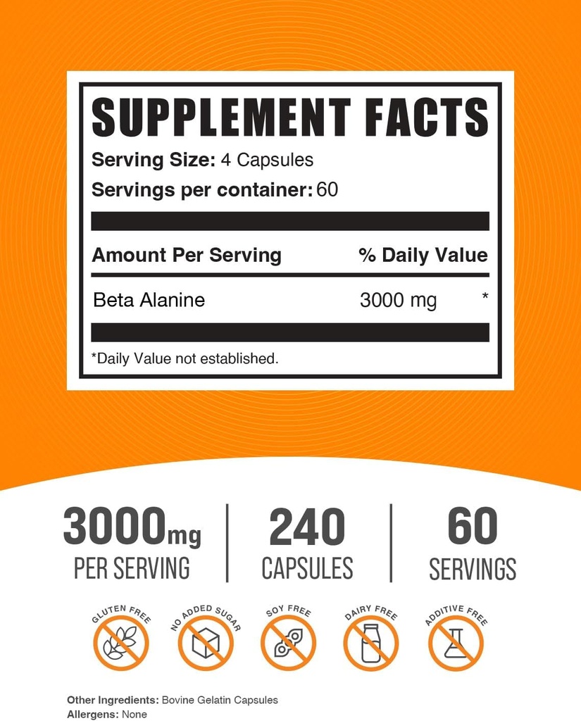 BulkSupplements.com Beta Alanine Capsules - Beta Alanine Supplement, Beta Alanine Pills, Beta Alanine 3000mg - Gluten Free, 4 Capsules per Serving, 240 Capsules (Pack of 1) 3
