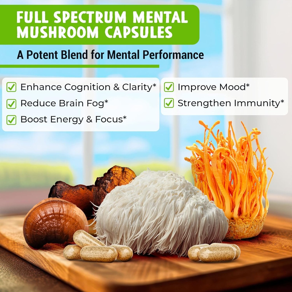 MENTAL Mushroom Capsules, Organic Extract Supplement w/ Lion's Mane, Cordyceps, Reishi and Chaga, Boost Your Focus, Energy, Wellness and Immune System - Nootropic Mushrooms, Immune Support 90ct 3