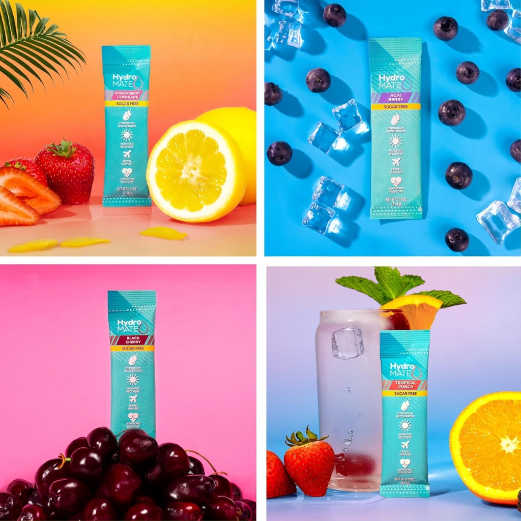 Electrolyte Powder Sugar-Free Hydration Packets Variety Pack HydroMATE 16 Sticks 3