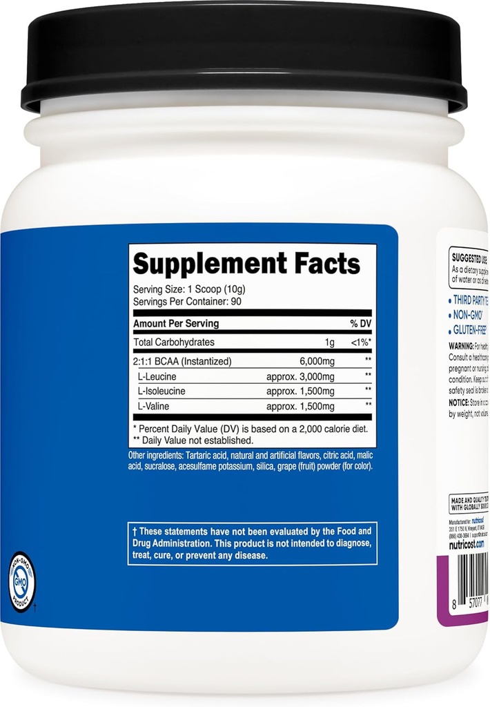 Nutricost BCAA Powder (Grape, 90 Servings) - Optimal 2:1:1 Ratio, Vegetarian, Non-GMO 6
