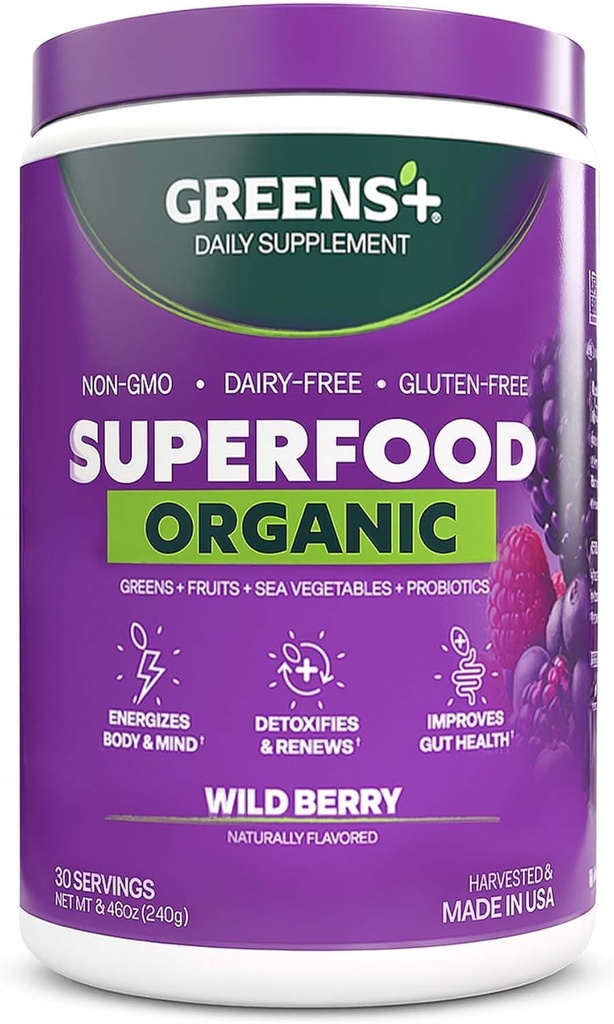 Greens+ Organic Wild Berry Superfood Powder, Antioxidant Polyphenol, Blend for Morning Kick, Energy, Vitality Boost, Nutrition, Vibrant Health, Dietary Supplement, Vegan Soy/Dairy/Gluten Free(8.46oz) 2