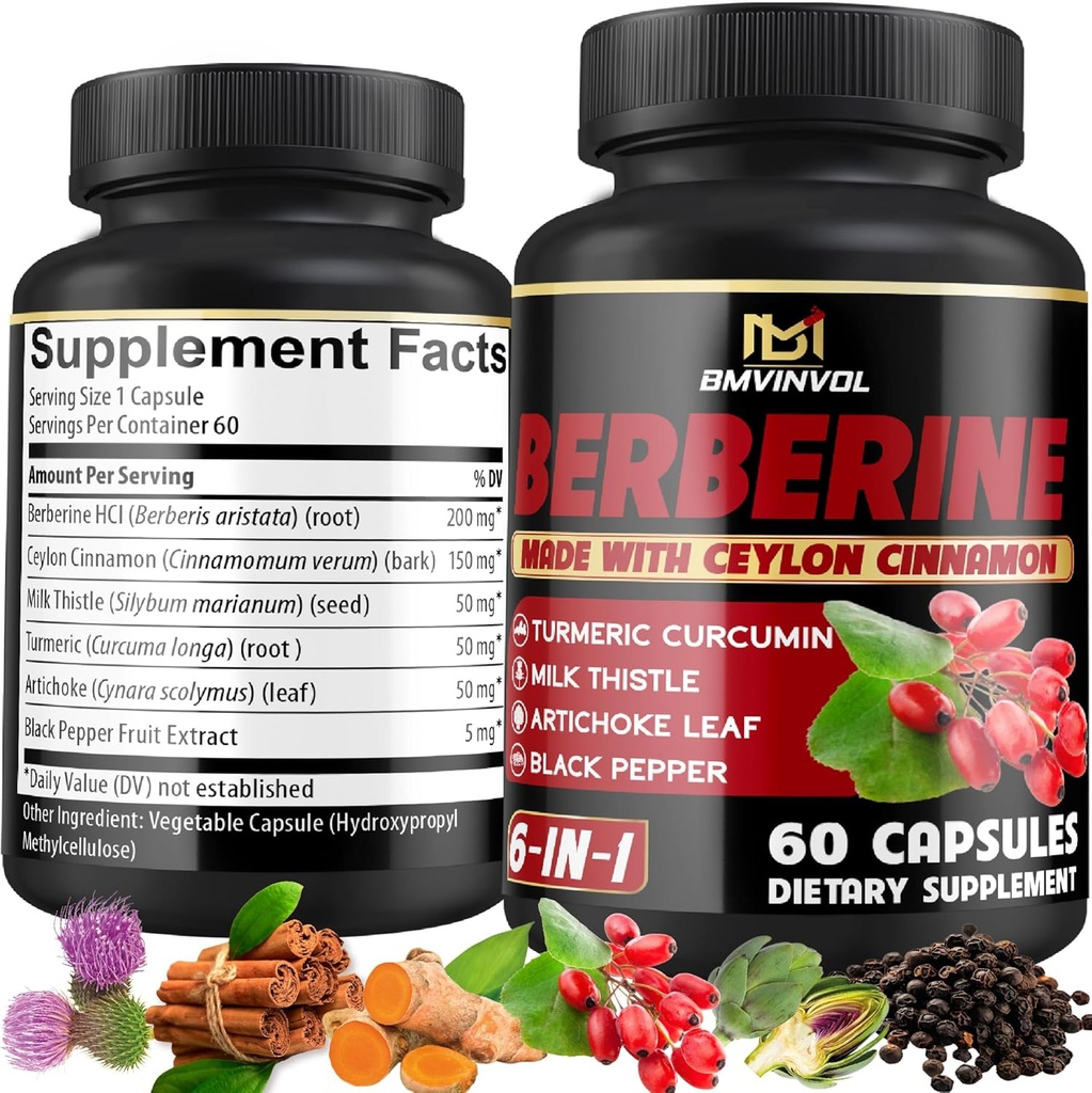 Berberine Supplement with Ceylon Cinnamon, Turmeric, Artichoke, Milk Thistle - Berberine HCl Supplement Pills - 60 Capsules [2-Month Supply] 2