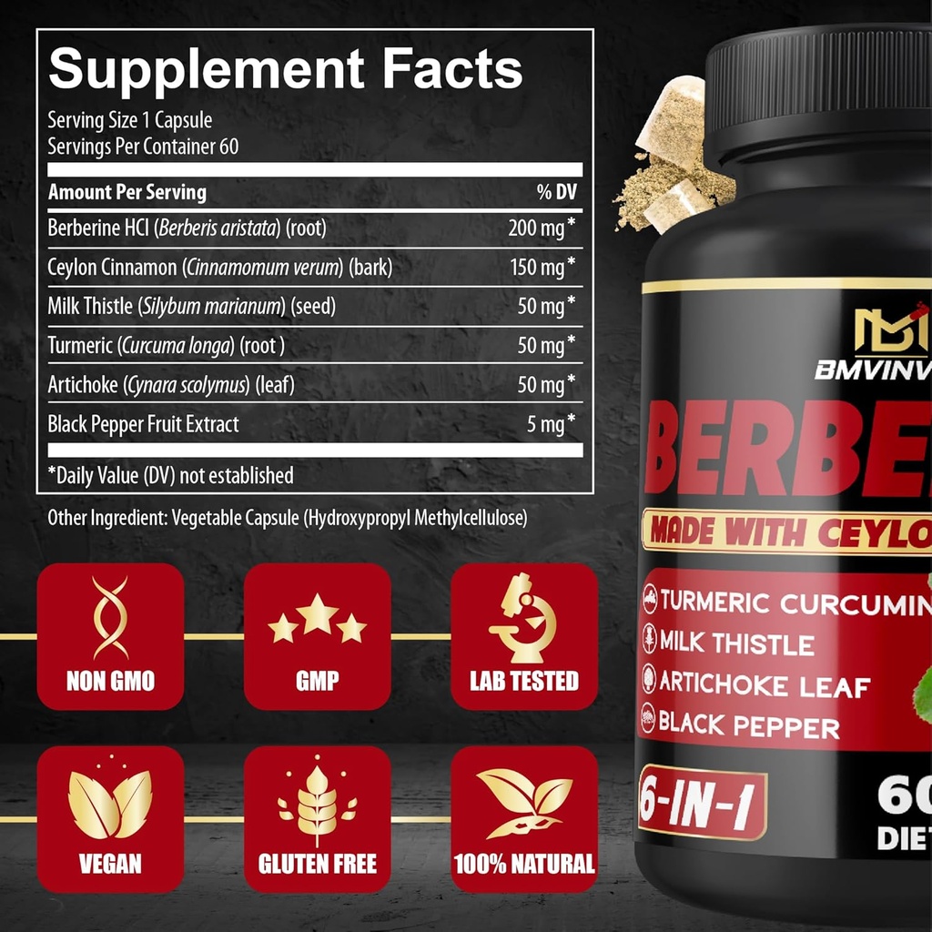 Berberine Supplement with Ceylon Cinnamon, Turmeric, Artichoke, Milk Thistle - Berberine HCl Supplement Pills - 60 Capsules [2-Month Supply] 3